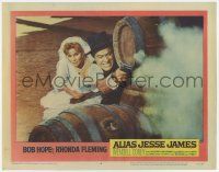 6g057 ALIAS JESSE JAMES LC #8 '59 bride Rhonda Fleming takes cover behind Bob Hope in gunfight!