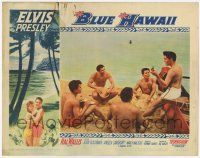6g115 BLUE HAWAII LC #8 '61 Elvis Presley & guys in swimming trunks playing music on the beach!