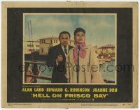 6g305 HELL ON FRISCO BAY LC #4 '56 close up of Edward G. Robinson holding Joanne Dru at gunpoint!