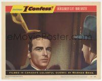 6g328 I CONFESS LC #3 '53 Alfred Hitchcock, super c/u priest Montgomery Clift confronted by 2 men!