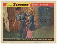 6g329 I CONFESS LC #2 '53 Hitchcock, Montgomery Clift gives Anne Baxter his coat in the rain!