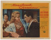 6g480 MAGNIFICENT OBSESSION LC #8 '54 sexy Barbara Rush tries to console Rock Hudson in bar!