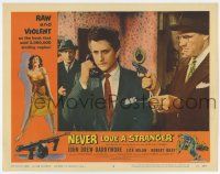6g558 NEVER LOVE A STRANGER LC #2 '58 John Drew Barrymore reads script at gunpoint, Harold Robbins