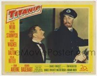 6g865 TITANIC LC #4 '53 Clifton Webb in tuxedo looks surprised at Captain Brian Aherne!
