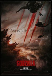 6k248 GODZILLA teaser DS 1sh '14 image of soldiers parachuting over monster & burning city!