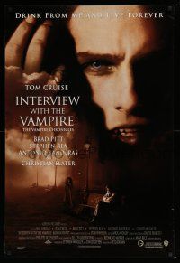 6k331 INTERVIEW WITH THE VAMPIRE advance DS 1sh '94 close up of fanged Tom Cruise, Brad Pitt