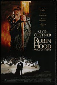 6k571 ROBIN HOOD PRINCE OF THIEVES DS 1sh '91 cool image of Kevin Costner w/flaming arrow!
