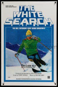 6k830 WHITE SEARCH 1sh '71 winter sports documentary, Jean-Claude Killy, really cool ski artwork!