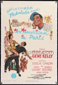 6m005 AMERICAN IN PARIS linen 1sh '51 wonderful art of Gene Kelly dancing with sexy Leslie Caron!