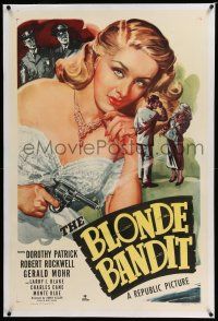 6m013 BLONDE BANDIT linen 1sh '49 great c/u art of sexy bad girl Dorothy Patrick with smoking gun!