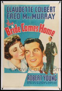 6m014 BRIDE COMES HOME linen 1sh '35 c/u of Fred MacMurray & Claudette Colbert + Robert Young!