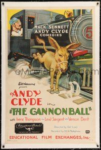6m015 CANNONBALL linen 1sh '31 great art of mule kicking Andy Clyde's train, Mack Sennett comedy!