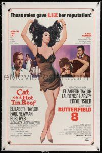 6m016 CAT ON A HOT TIN ROOF/BUTTERFIELD 8 linen 1sh '66 art of sexy Elizabeth Taylor in nightie!