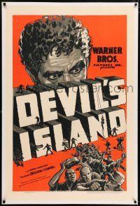 6m030 DEVIL'S ISLAND linen 1sh '39 cool art Boris Karloff looming over convicts escaping the title!