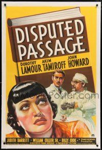 6m032 DISPUTED PASSAGE linen 1sh '39 art of Dorothy Lamour w/ doctors Akim Tamiroff & John Howard!