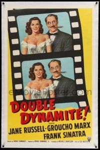 6m034 DOUBLE DYNAMITE linen 1sh '52 great artwork of Groucho Marx & sexy Jane Russell on film strip!