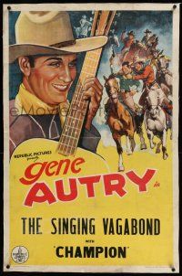 6m046 GENE AUTRY linen stock 1sh '36 art of smiling Gene Autry playing guitar, The Singing Vagabond!