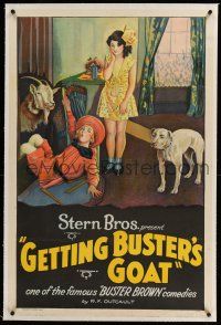 6m049 GETTING BUSTER'S GOAT linen 1sh '29 wacky stone litho of kids & Tige the dog in house w/goat!