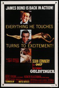 6m054 GOLDFINGER linen 1sh R80 three great images of Sean Connery as James Bond 007 + golden girl!