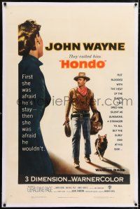 6m064 HONDO linen 3D 1sh '53 John Wayne was a stranger to all but the surly dog at his side!