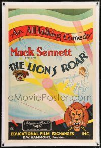 6m081 LION'S ROAR linen 1sh '28 Mack Sennett, first all-talking comedy short, art of Numa the Lion!