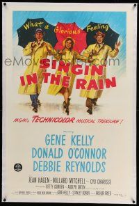 6m130 SINGIN' IN THE RAIN linen 1sh '52 best art of Gene Kelly, Donald O'Connor & Debbie Reynolds!