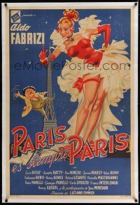 6p183 PARIS IS ALWAYS PARIS linen Argentinean '54 art of sexy gigantic showgirl by Eiffel tower!