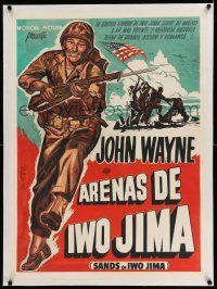 6p092 SANDS OF IWO JIMA linen Cuban '50 art of WWII Marine John Wayne + famous flag raising scene!