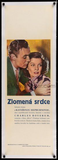 6p062 BREAK OF HEARTS linen Czech 12x38 '35 c/u of Charles Boyer holding scared Katharine Hepburn!