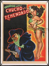6p121 CHUCHO EL REMENDADO linen Mexican poster '52 Cabral art of Tin-Tan & sexy half-naked girl!