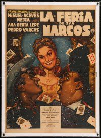 6p128 LA FERIA DE SAN MARCOS linen Mexican poster '58 Cabral gambling art of stars & playing cards!