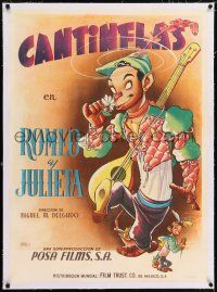 6p133 ROMEO Y JULIETA linen Mexican poster '43 Bernard art of Cantinflas as the romantic lead!
