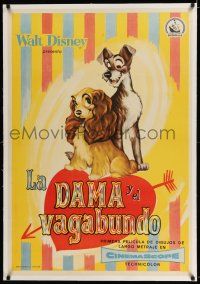 6p081 LADY & THE TRAMP linen Spanish '57 Walt Disney romantic canine dog classic cartoon, cool art!
