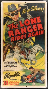 6r040 LONE RANGER RIDES AGAIN linen 3sh '39 cool art of masked Robert Livingston & Tonto, serial!