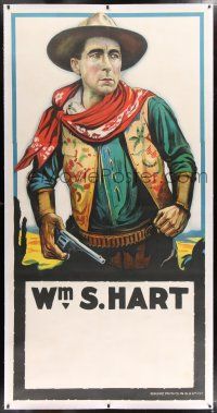 6r058 WILLIAM S. HART linen 3sh '10s great stone litho of the tough cowboy star with gun!