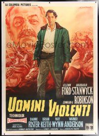 6r123 VIOLENT MEN linen Italian 2p R62 different Capitani art of Glenn Ford & Edward G. Robinson!