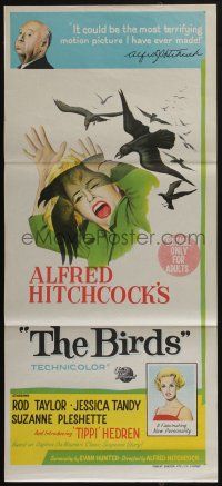 6s781 BIRDS Aust daybill '63 Alfred Hitchcock, Tippi Hedren, classic art of attacking avians!