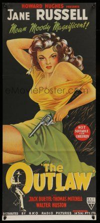 6s915 OUTLAW Aust daybill R52 hand litho of sexy Jane Russell with gun, Howard Hughes!