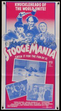 6s960 STOOGEMANIA Aust daybill '86 art of Moe, Larry & Curly, knuckleheads of the world unite!
