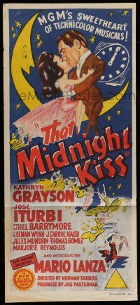 6s969 THAT MIDNIGHT KISS Aust daybill '49 art of sweethearts Kathryn Grayson & Jose Iturbi kissing!