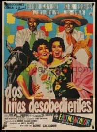 6s103 DOS HIJOS DESOBEDIENTES Mexican poster '60 wonderful Ruy Renau artwork of men in sombreros!