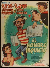 6s108 EL HOMBRE INQUIETO Mexican poster '53 great art of German Valdes as Tin-Tan the newsboy!
