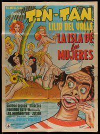 6s125 LA ISLA DE LAS MUJERES Mexican poster '53 art of Tin-Tan on island with sexy babes by Urzaiz!