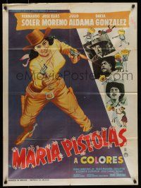 6s143 MARIA PISTOLAS Mexican poster '63 Rene Cardona, cool art of sexy cowgirl!