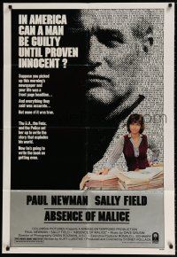 6t010 ABSENCE OF MALICE 1sh '81 Paul Newman, Sally Field, Sydney Pollack, cool design!