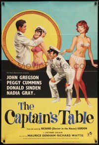6t073 CAPTAIN'S TABLE English 1sh '60 art of John Gregson & sexy Peggy Cummins on ocean cruise!
