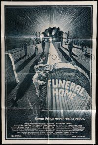 6t247 FUNERAL HOME 1sh '82 cool art of zombie hand grabbing tombstone from inside its grave!