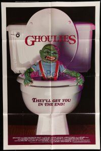 6t273 GHOULIES 1sh '85 wacky horror image of goblin in toilet, they'll get you in the end!