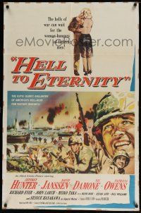 6t328 HELL TO ETERNITY 1sh '60 art of WWII soldier Jeffrey Hunter in battle & with Patricia Owens!