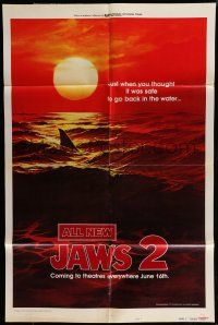 6t397 JAWS 2 style B teaser 1sh '78 classic art of man-eating shark's fin in red water at sunset!